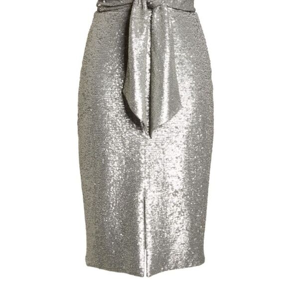 Silver Metallic HARLYN Sequin Embellished Plunge Neck Tie-Waist Midi Dress (NWT) - Picture 7 of 8